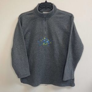 Womens Floral Embroidered Quarter Zip Fleece Sweatshirt Basic Editions Gray L